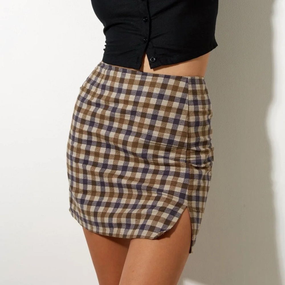 Motel Rocks Brown Navy High-Waist Side Split Cotton Mini Skirt Size XS